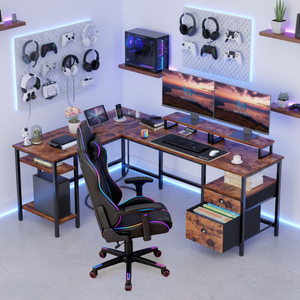 Reversible L Shaped <strong>Desk</strong> with <strong>UK</strong> Power Strip - Home Office Gaming <strong>Desk</strong> with File Drawer, 2 Monitor Stands &amp; Storage Shelves - Product Image 2