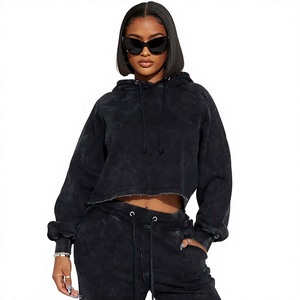 Sudadera Corta con Capucha Negra para Mujer, Manga Larga, Tejida, 100% Algodón, Lavado Ácido, Estilo Casual Otoñal - Product Image 1