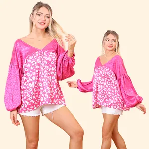 Custom Pink Leopard Summer Fashionable Cute Puff Sleeve Ladies Elegant Tops and Blouses