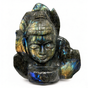 Cabeza del Buda en labradorita tallada a mano sobre una hoja - talla artesanal del Buda sereno y meditando. - Product Image 2