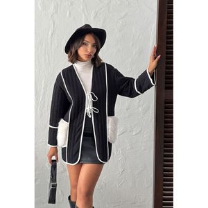 Topshow Women's Black Quilted <b>Suede</b> <b>Jacket</b> with Plush Pocket Details, Elegant Warm Outerwear for Autumn Winter. - Product Image 3