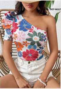 Stylish Asymmetrical <b>One</b> Shoulder Floral Woven Printed <b>Top</b> for Women Lightweight Breathable Flowy Summer Casual - Product Image 3