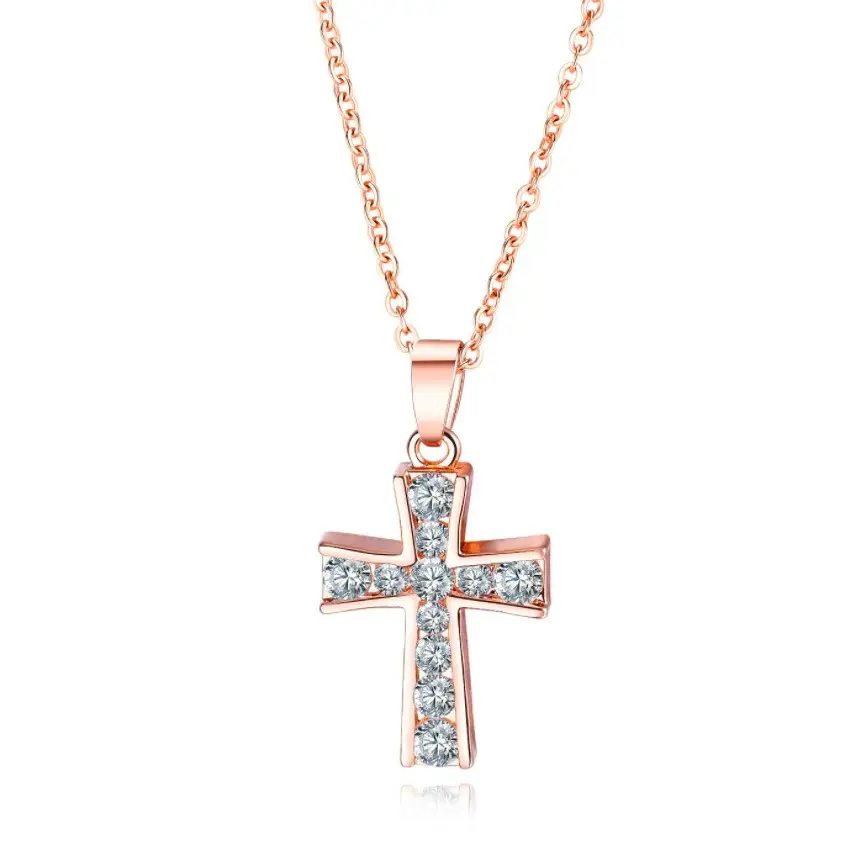 ゴールドクリスタルダイヤモンド十字架クロスネックレス女性シルバーイニシャルイエスキリストステンレススチールクロスペンダントネックレス