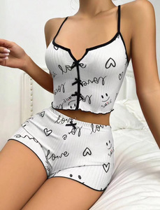 Wholesale Sexy Heart Print Pajama Set for Women Sleepwear Stain <b>V</b>-<b>Neck</b> Sleeveless Casual <b>Cami</b> <b>Top</b> and Shorts Sets Loungewear - Product Image 4