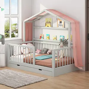 Cama Montessori de Color blanco de madera para niños, árbol de cama doble, casa para niños pequeños