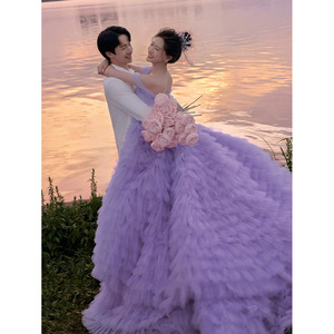 Purple Strapless Tulle Ball Gown Natural Waistline Wedding Dress For Photoshoot - Product Image 4