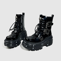 Bottines à plateforme avec boucle en forme de crâne gothique punk pour femmes, en cuir de vache fendu, talon de 8 cm, bottes à rivets pour cosplay