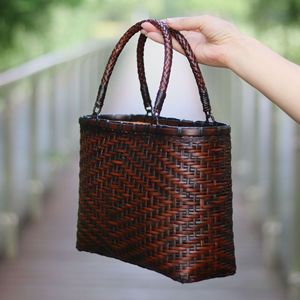 Bamboo Woven Handbag Square Shape Two Handles Durable Women's Cosmetic Bag Retro Chinese Style Zen Inspired - Product Image 4