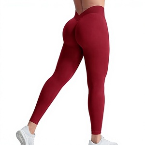High Waisted Seamless Yoga <b>Leggings</b> Full Length Ruched <b>Butt</b> <b>Lifting</b> Workout Pants Solid Color Spandex Nylon V Back Design - Product Image 1