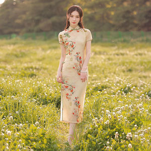 Femminile Qipao collo alla coreana corto Cheongsam Vestidso elegante abito cinese <span class=keywords><strong>fiore</strong></span> d'oro novità festa serale - Product Image 3