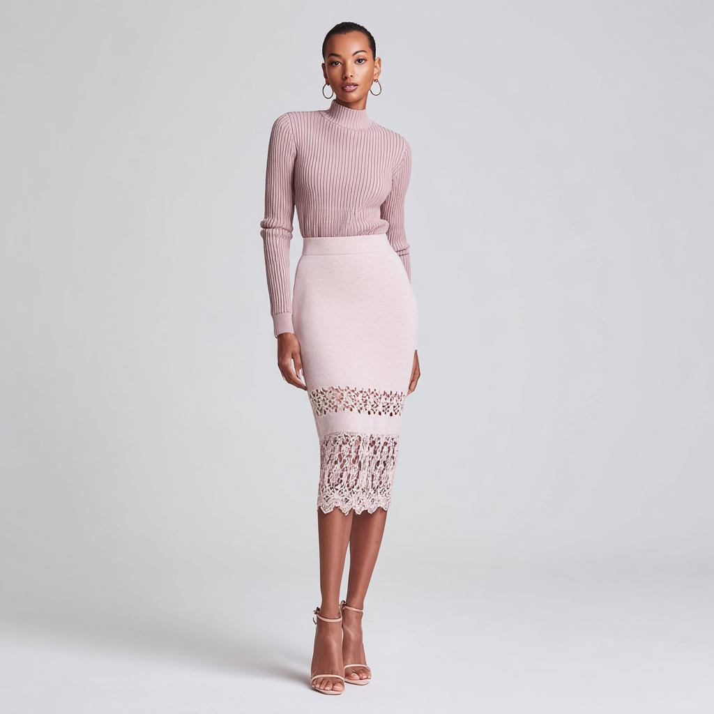 Women Knitted Soft Pink A-Line Pencil Skirt with Lace Trim Waist
