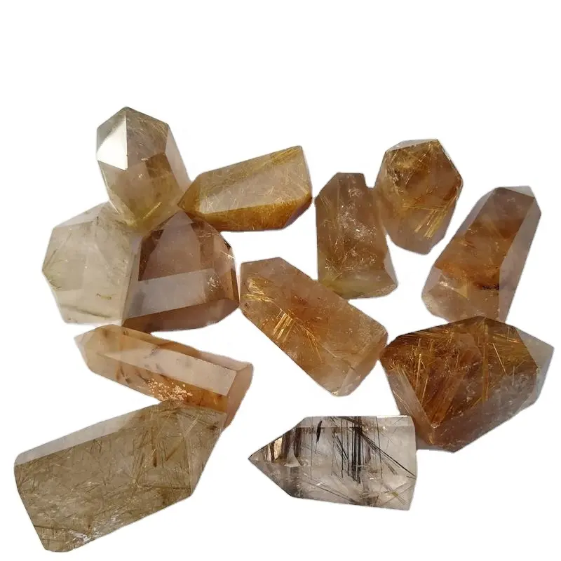卸売天然水晶ゴールデンルチル化水晶シングルポイントワンド原金ルチル化宝石