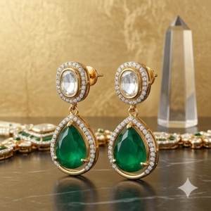925 <b>Silver</b> Pendant Set for Women Traditional Indian Jewelry Green White Beads Kundan Work Necklace Earring Set - Product Image 4