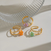 Cincin Bunga Berlapis Emas 18K Trendy dengan Zirkon dan Enamel, Cincin Jari Telunjuk Geometris Berlapis Ganda dari Baja Tahan Karat