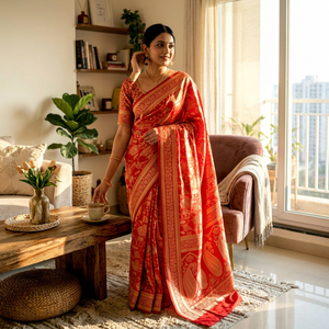 <b>Red</b> Banarasi Silk <b>Saree</b> Golden Zari Work Traditional Indian Ethnic Wear for Diwali Wedding Party Women - Product Image 1