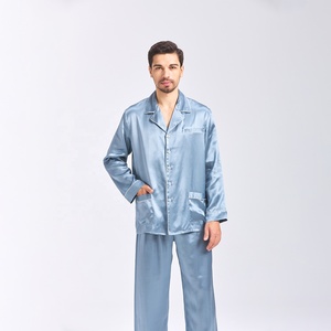 Set <span class=keywords><strong>Pigiama</strong></span> in Seta per <span class=keywords><strong>Uomo</strong></span>, Primavera e Autunno, Maniche Lunghe, Collo a V, Blu Nebbia, Due Pezzi, 100% Seta - Product Image 2