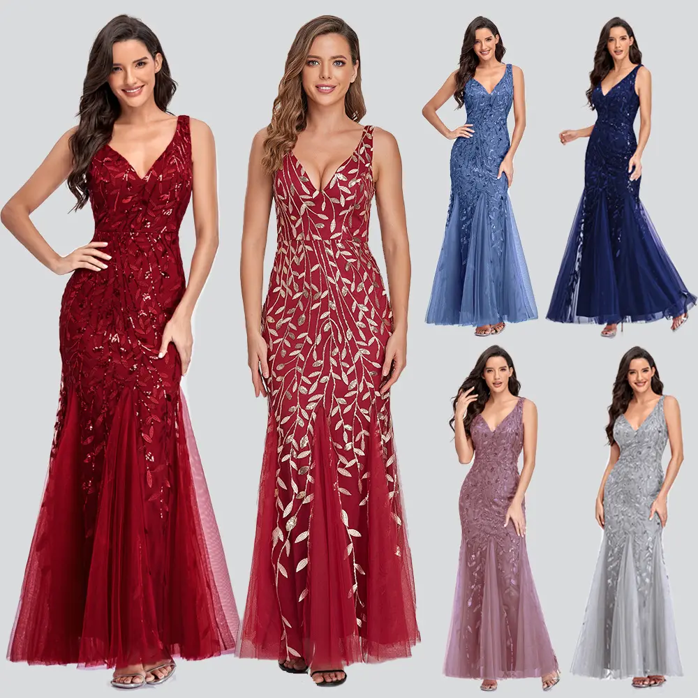 Custom Women's Party Clothes Plus Size Long Sleeveless Stain Wedding Sequined Elegant Dress Vintage Red Maxi For Women