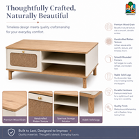 Table basse minimaliste en bois avec tiroir en jute tressé, étagère ouverte et bouton doré – Table basse naturelle
