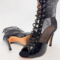 Bottines de danse à talon aiguille personnalisées en peau de serpent à bout ouvert et lacets pour femmes, chaussures de danse salsa, bachata, jazz