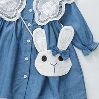 Robe chemise en jean pour filles, printemps-automne, avec col Claudine en dentelle ajourée, motif lapin mignon, sac bandoulière assorti, manches longues, coupe trapèze
