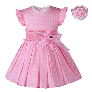 2-12y Bage Children Baby Pink gonna a Polka abiti Vintage senza maniche floreale sostegno vacanze Smocked bambini per bambine 1000