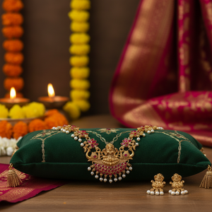 Super Quality Traditional Tempal Laxmi <b>Necklace</b> Jewellery Set with <b>Ruby</b> Color Matching Earrings For Women And Girls Wear - Product Image 2