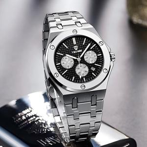TEVISE T830B นาฬิกาข้อมือผู้ชายสายสแตนเลสโครโนกราฟควอตซ์นาฬิกากันน้ำวันที่อัตโนมัติสายสีเงินนาฬิกามือเรืองแสง - Product Image 6