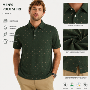 Polo à manches courtes imprimé vert pour homme, coupe classique, en coton respirant, tricoté, décontracté - Product Image 1