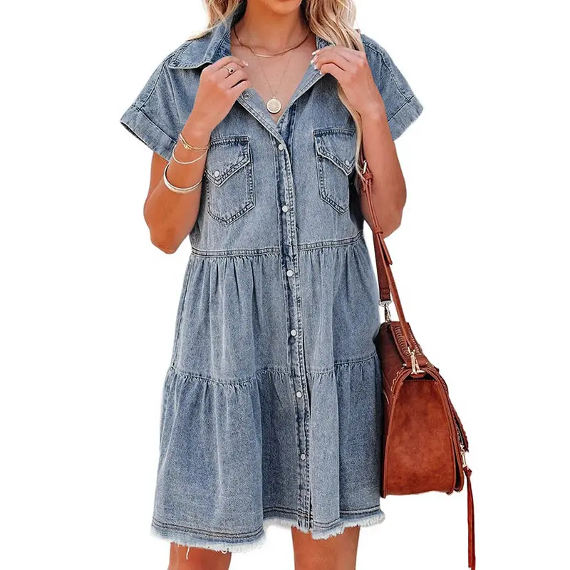 2023 Fashion Buttoned Frayed Pocket Short Sleeve Summer Women Denim Dress
