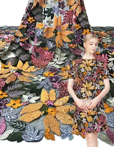 2022新着ビーズ刺Embroidery花と葉でいっぱいの3mmラミネートヒマワリ刺Embroidered服生地