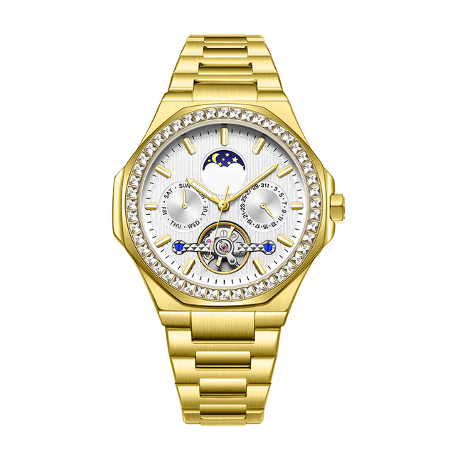 Fashion Luxury Tourbillon Skeleton Watch Gold Dial Moon Phase Watch Automatic Mechanical Men's Wrist Watch