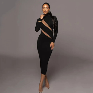 Women's Round Neck Long Sleeve Patchwork Midi Dress Sheer Layer Detail Natural Waistline Leisure Wear - Product Image 2