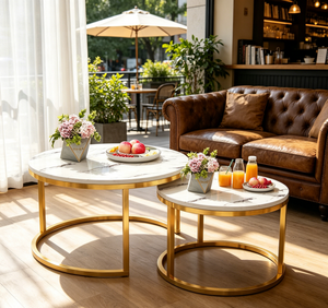 Juego de Mesa de Centro Moderno de <span class=keywords><strong>2</strong></span> Piezas, Mesa de Centro Redonda Encajada con Marco de Metal <span class=keywords><strong>y</strong></span> Tapa de Mármol, Muebles para Sala de Estar - Product Image 2