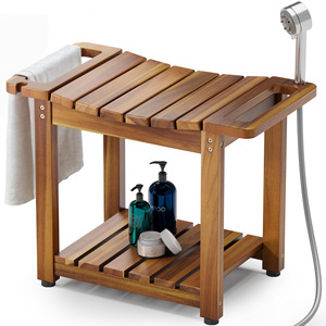 Tabouret de douche en bois Jinghong à double niveau avec rangement, porte-serviettes et porte-savon pour salle de bain - Product Image 4