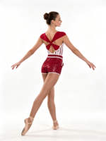 Costume de danse 2 pièces pour femmes adultes, OEM ODM, rayures rouges et blanches, paillettes, Spandex/Nylon, manches courtes, dos torsadé, short, scène