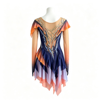 Robe de patinage et de danse pour enfants et adultes, dégradé orange et violet, manches à volants, jupe asymétrique avec strass, pour compétition et spectacle de patinage sur glace