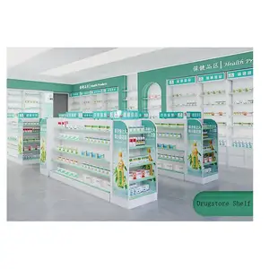 Estantes de exhibición de Farmacia de buena calidad Prima, estantes de farmacia de madera, estante de servicio de diseño, estantes de supermercado, góndola para farmacia