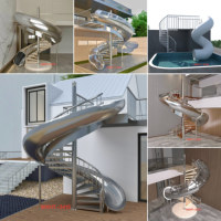 Escalier extérieur en acier blanc courbé avec garde-corps en câble brossé, style zen, escaliers extérieurs pour jardin japonais, patio, durable