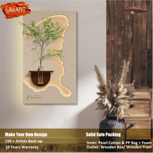 UNIART 3D LEDグロー木壁装飾砂岩レリーフ壁画彫刻ミニマリストホテル回廊グリーン植物花瓶ホールアート装飾 - Product Image 4