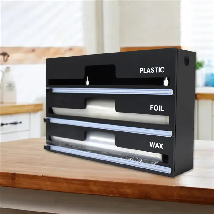 Fabrikant Zwart Acryl Aluminiumfolie En Wax Papier Keuken Muur Houten Folie Wrap Dispenser 3 In 1 Roll Folie Dispenser