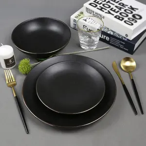 인기 블랙 컬러 매트 유약 세라믹 저녁 식사 고급 식기 세트 도매 식기 저렴한 가격 둥근 모양 도자기