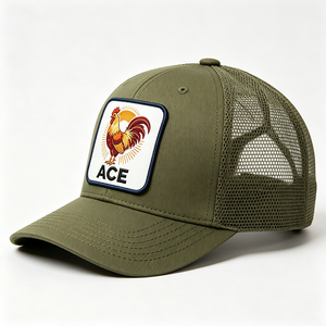 หมวกแก๊ปผู้ชายสีเขียวมะกอก ผ้าแคนวาส แฟชั่น ทรง Trucker  ปักลายไก่ ACE  ระบายอากาศได้ดี ด้านหลังเป็นตาข่าย ปรับขนาดได้ด้วย Snapback เหมาะสำหรับกิจกรรมกลางแจ้ง - Product Image 2