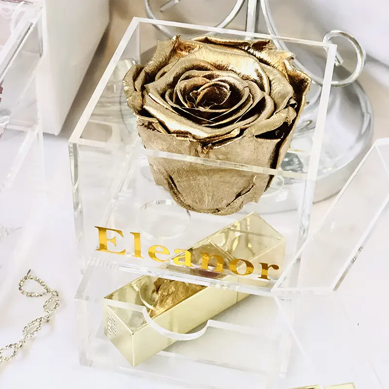 Caja de flores eterna preservadas, caja de acrílico transparente, Rosa preservada única para Rosa encantada para siempre preservada