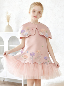 Abito da festa senza maniche in rete con applicazioni floreali di paillettes, design originale per Eid, <span class=keywords><strong>elegante</strong></span> <span class=keywords><strong>abbigliamento</strong></span> per bambini, delicato e raffinato. - Product Image 1