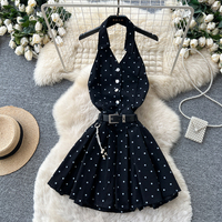 Robe d'été douce à bretelles fines, coupe trapèze, mini, sans manches, à pois, dos nu pour femme