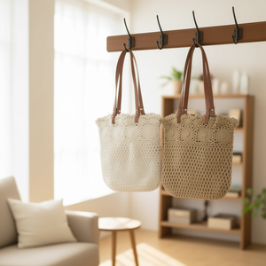 Bolso de hombro de algodón con flores y cuerda, 34x33cm, de ganchillo, para mujer, uso casual. - Product Image 2