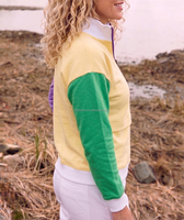 Sweat-shirt décontracté pour femme, col demi-zip, manches longues, coupe courte, color block violet, vert et jaune, Mardi Gras, personnalisé, grandes tailles