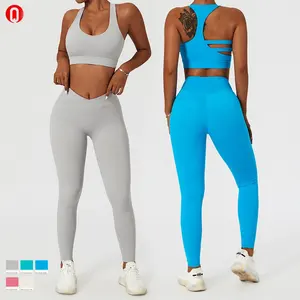 Sutiã de compressão com logotipo personalizado, roupa de academia fitness conjunto de 2 peças feminina cintura elástica leggings frente única esportes conjunto de sutiã de compressão yoga