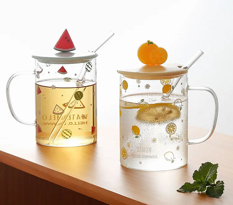 Tasse en verre de Style Fruit de dessin animé avec paille tasse transparente de thé au lait de café tasse Kawaii tasses d'eau bouteille de boisson pour enfants