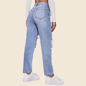 2023 Summer Custom Plus Size Women's Denim Jeans High Waist Denim Jeans Streetwear Ripped Jeans For Women